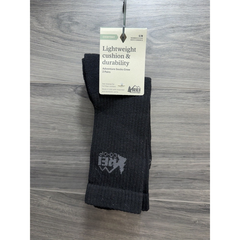 REI Adventure Socks Crew Everyday S/M 2 Pairs Black New Unisex Comfortable